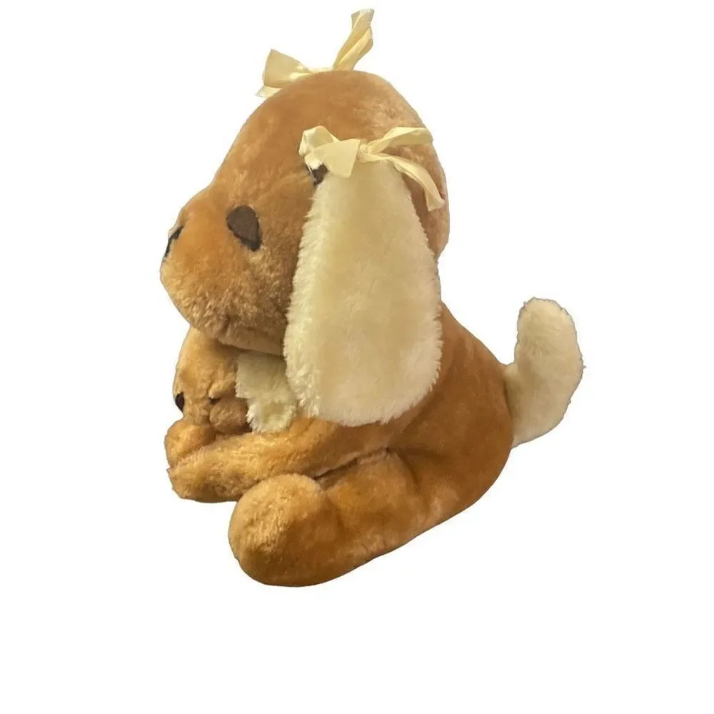 Vintage 1977 R Dakin & Co Sitting Sleepy Eyed Praying Dog and Puppy